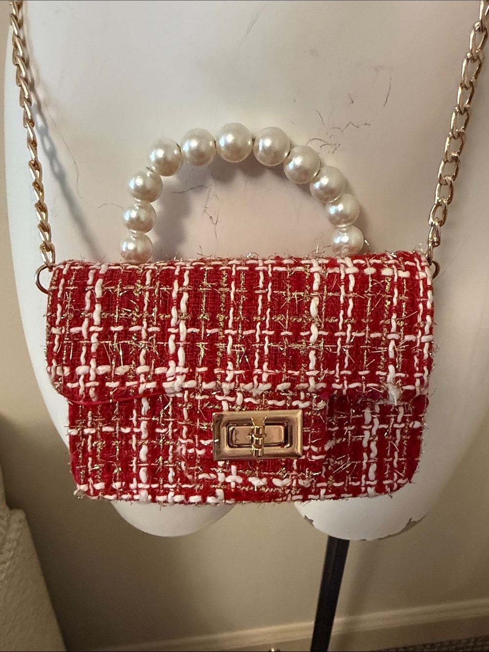 Tweed Mini Bag in Red & White Pearl Top Handle and Gold Crossbody Chain